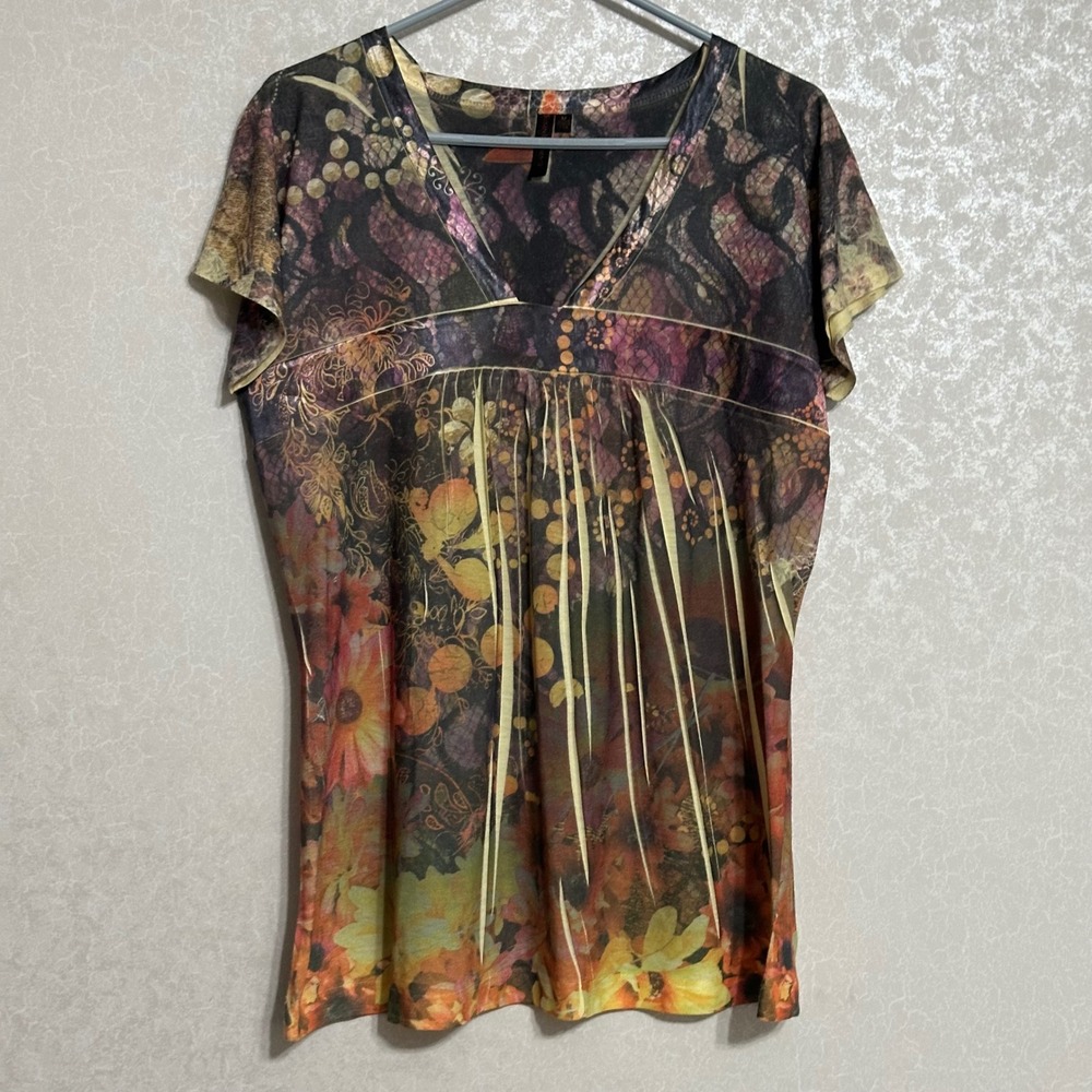 Susan Lawrence V-neck Short Sleeve Top Multicolor Floral Print Empire Waist M